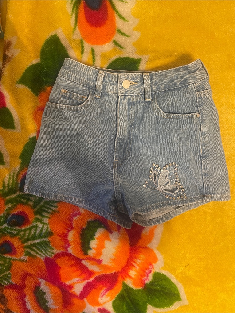 Cider Light Blue Denim High-Waisted Shorts with Butterfly Embellishment